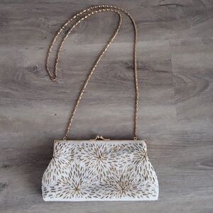 Vintage Gold & White Beaded Evening Bag | Chain Strap Clutch Purse